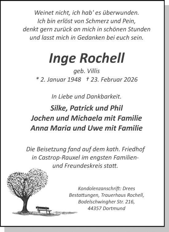 Traueranzeige von Inge Rochell von Stadtanzeiger Castrop-Rauxel