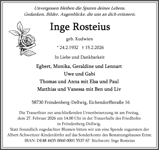 Traueranzeige von Inge Rosteius von Hellweger Anzeiger