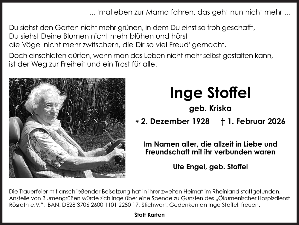  Traueranzeige für Inge Stoffel vom 28.02.2026 aus Hellweger Anzeiger