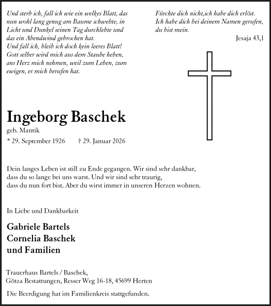 Traueranzeige von Ingeborg Baschek von Trauer Vest