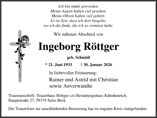 Traueranzeige von Ingeborg Röttger von Ruhr Nachrichten