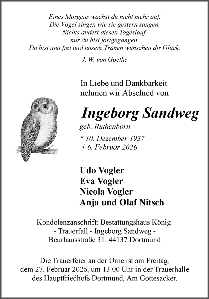  Traueranzeige für Ingeborg Sandweg vom 21.02.2026 aus Ruhr Nachrichten