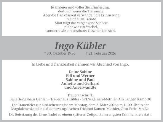 Traueranzeige von Ingo Kübler von Ruhr Nachrichten