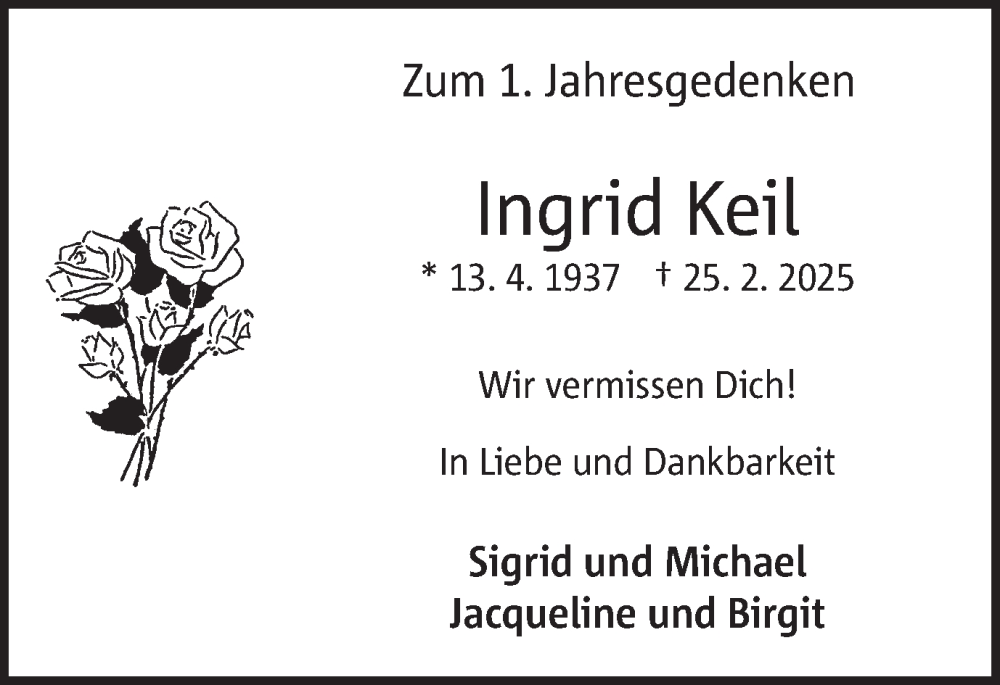  Traueranzeige für Ingrid Keil vom 25.02.2026 aus Hellweger Anzeiger