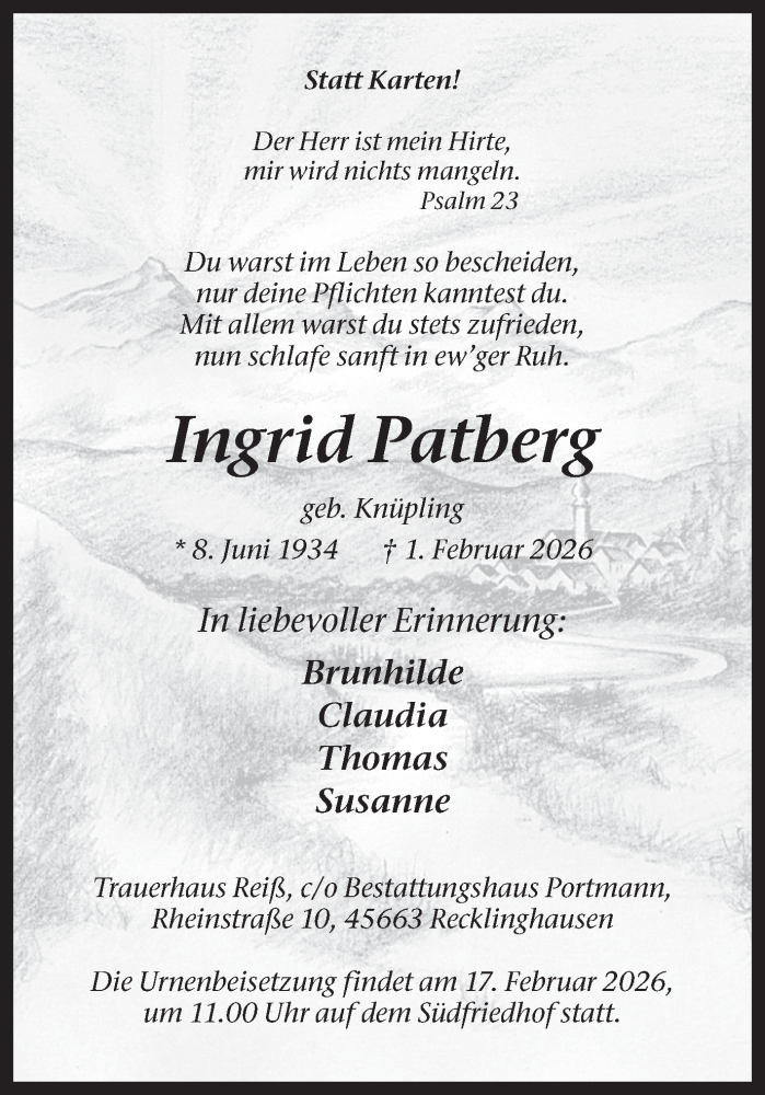  Traueranzeige für Ingrid Patberg vom 14.02.2026 aus Trauer Vest