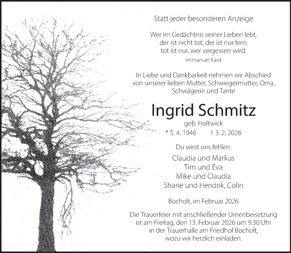  Traueranzeige für Ingrid Schmitz vom 07.02.2026 aus 