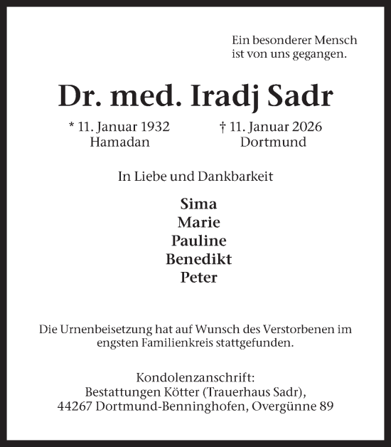 Traueranzeige von Iradj Sadr von Ruhr Nachrichten