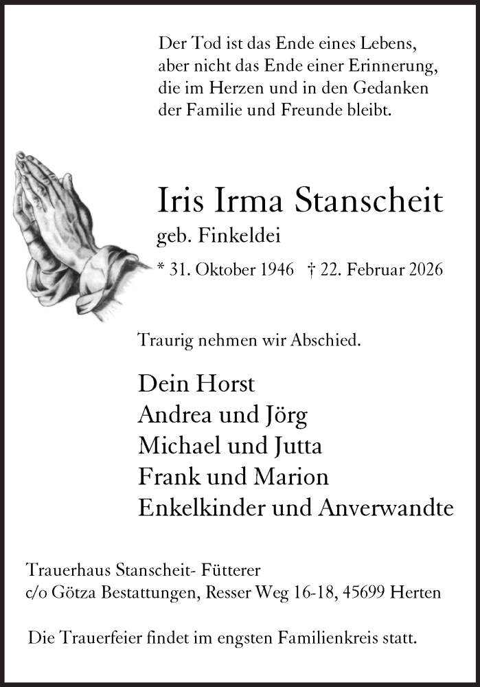  Traueranzeige für Iris Irma Stanscheit vom 28.02.2026 aus Trauer Vest