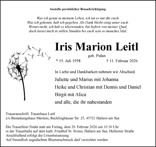 Traueranzeige von Iris Marion Leitl von Ruhr Nachrichten und Halterner Zeitung