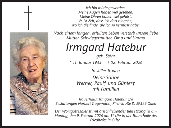 Traueranzeige von Irmgard Hatebur von Ruhr Nachrichten