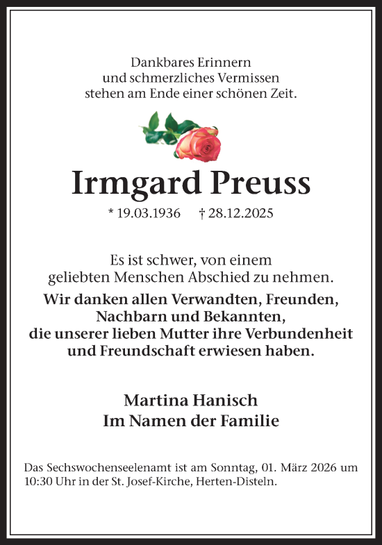 Traueranzeige von Irmgard Preuss von Trauer Vest