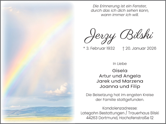 Traueranzeige von Jerzy Bilski von Ruhr Nachrichten