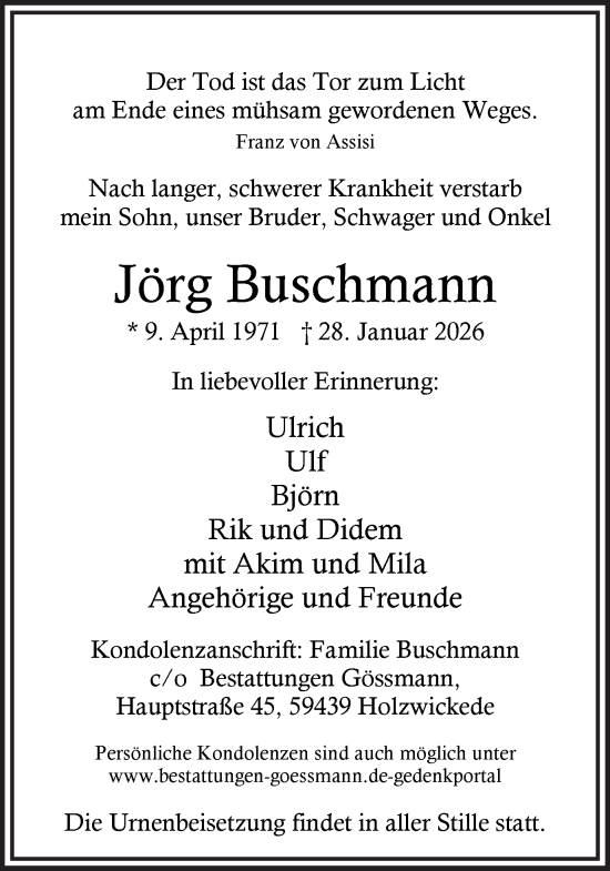Traueranzeige von Jörg Buschmann von Hellweger Anzeiger