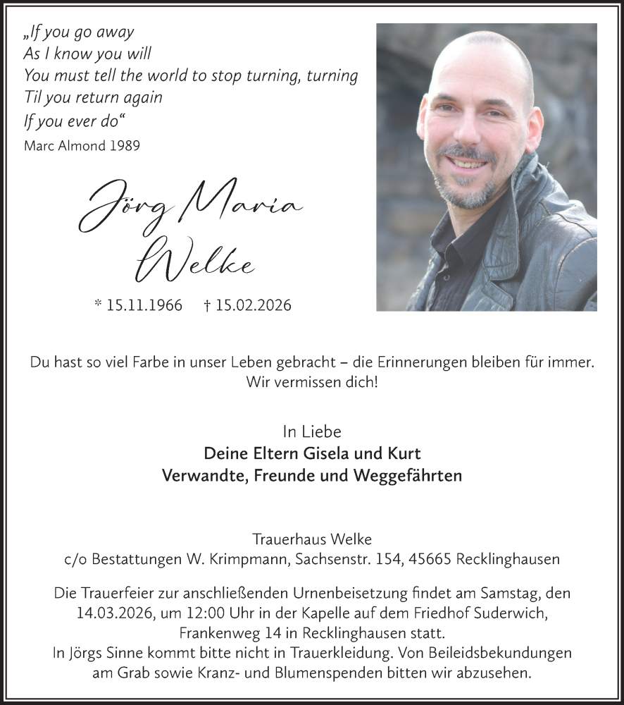 Traueranzeige für Jörg Maria Welke vom 28.02.2026 aus Trauer Vest