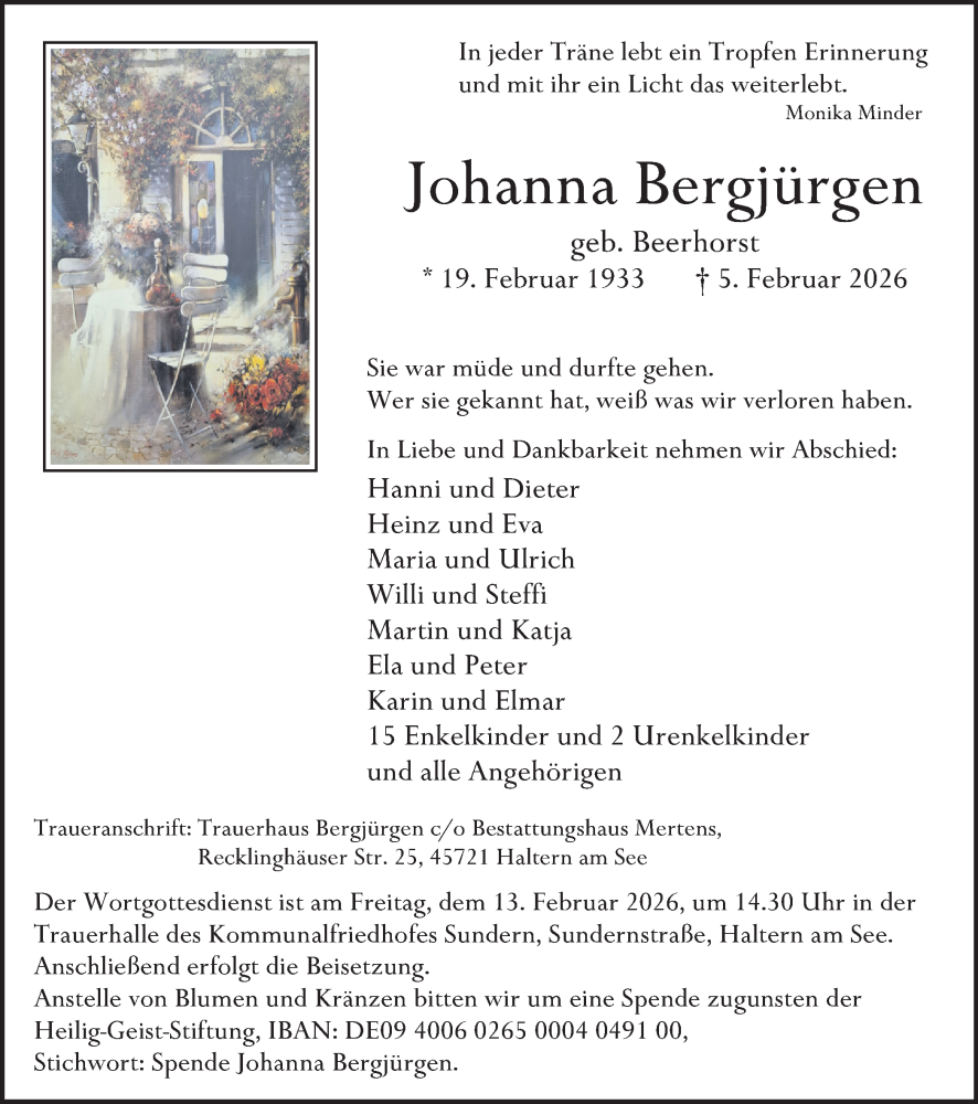  Traueranzeige für Johanna Bergjürgen vom 10.02.2026 aus Ruhr Nachrichten und Halterner Zeitung