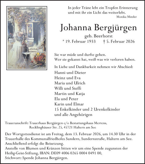 Traueranzeige von Johanna Bergjürgen von Ruhr Nachrichten und Halterner Zeitung