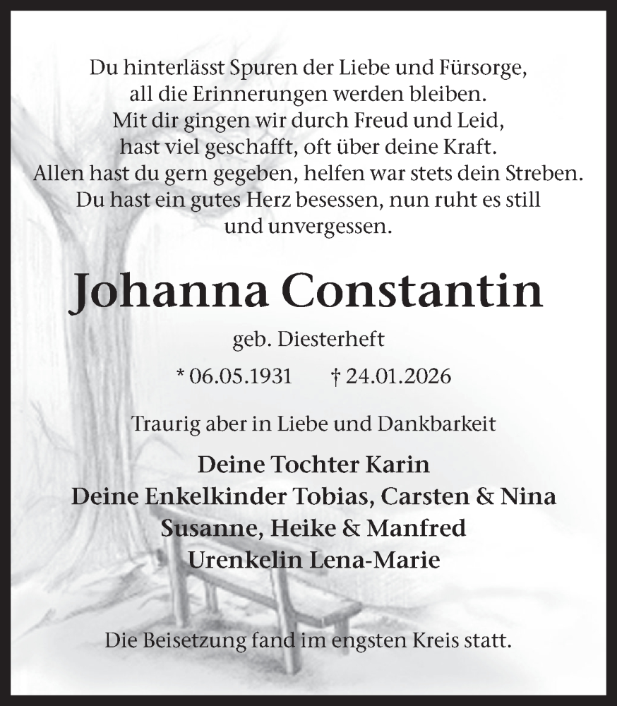  Traueranzeige für Johanna Constantin vom 07.02.2026 aus Stadtanzeiger Castrop-Rauxel