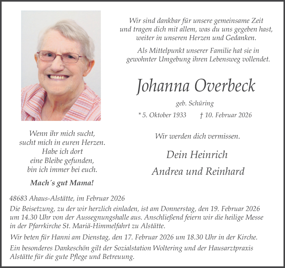  Traueranzeige für Johanna Overbeck vom 14.02.2026 aus Münsterland Zeitung