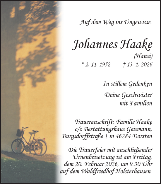 Traueranzeige von Johannes Haake von Ruhr Nachrichten und Dorstener Zeitung