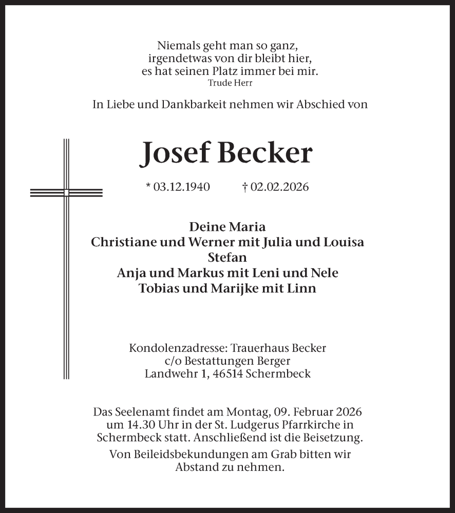  Traueranzeige für Josef Becker vom 05.02.2026 aus Ruhr Nachrichten und Dorstener Zeitung