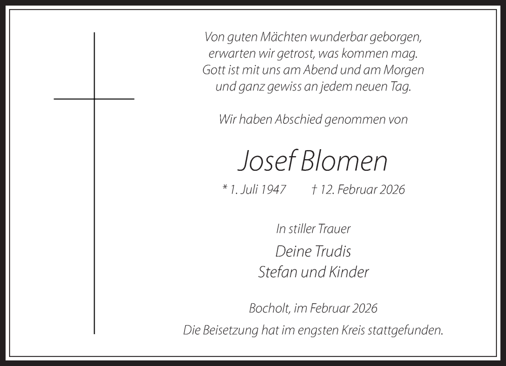  Traueranzeige für Josef Blomen vom 18.02.2026 aus 