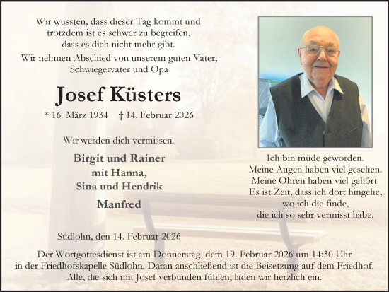 Traueranzeige von Josef Küsters von Münsterland Zeitung