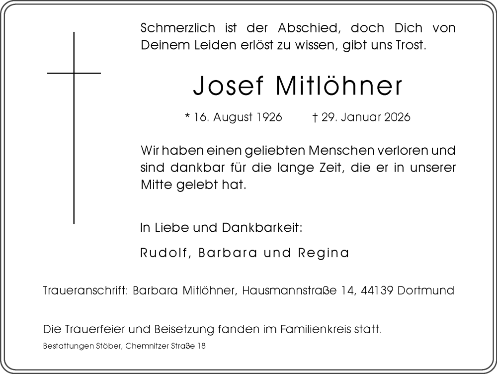  Traueranzeige für Josef Mitlöhner vom 14.02.2026 aus Ruhr Nachrichten
