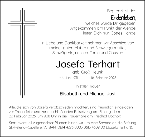 Traueranzeige von Josefa Terhart 