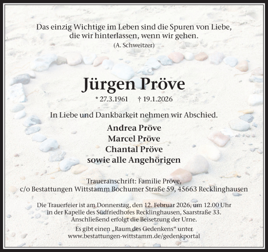 Traueranzeige von Jürgen Pröve von Trauer Vest
