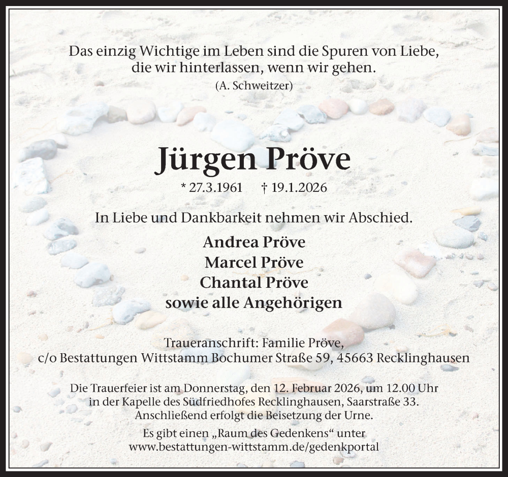  Traueranzeige für Jürgen Pröve vom 07.02.2026 aus Trauer Vest