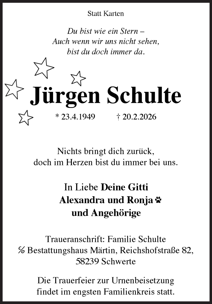  Traueranzeige für Jürgen Schulte vom 28.02.2026 aus Ruhr Nachrichten