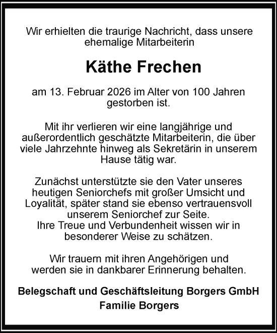 Traueranzeige von Käthe Frechen von Münsterland Zeitung