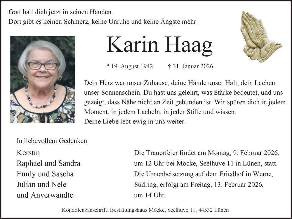  Traueranzeige für Karin Haag vom 06.02.2026 aus Ruhr Nachrichten