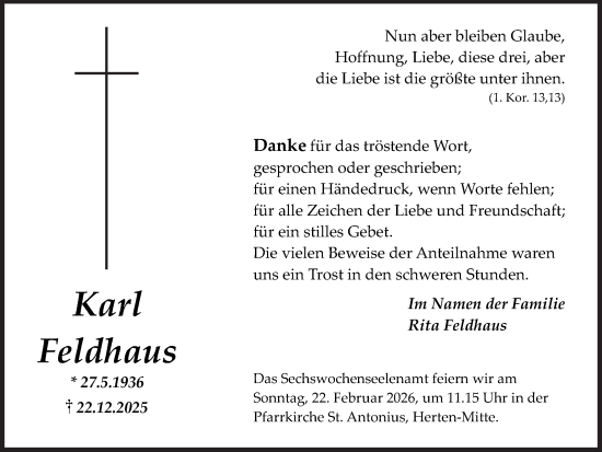 Traueranzeige von Karl Feldhaus von Trauer Vest