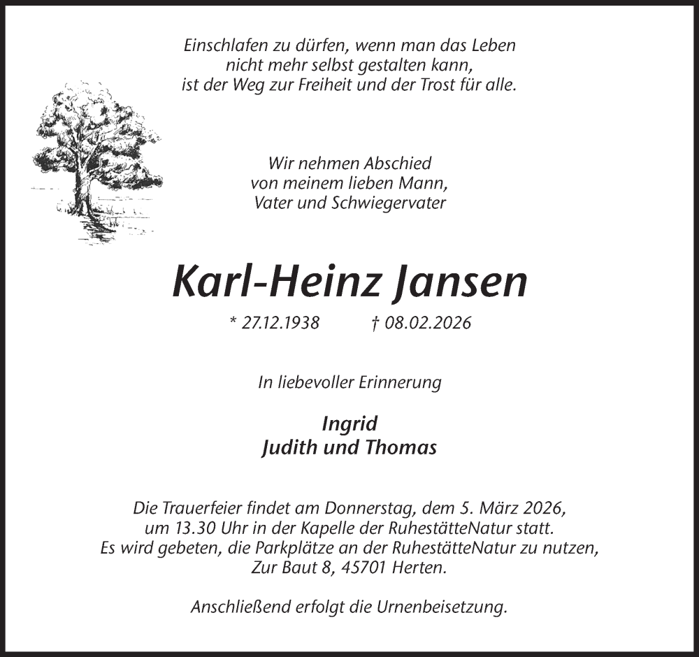  Traueranzeige für Karl-Heinz Jansen vom 28.02.2026 aus Trauer Vest
