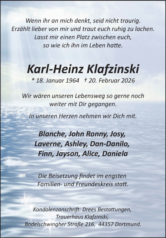  Traueranzeige für Karl-Heinz Klafzinski vom 28.02.2026 aus Ruhr Nachrichten