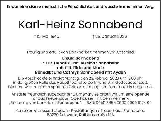 Traueranzeige von Karl-Heinz Sonnabend von Ruhr Nachrichten
