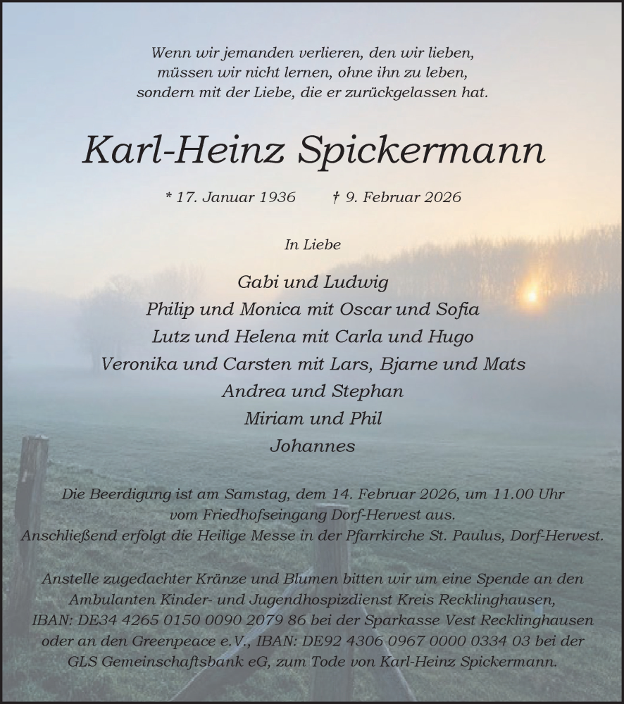  Traueranzeige für Karl-Heinz Spickermann vom 12.02.2026 aus Ruhr Nachrichten und Dorstener Zeitung