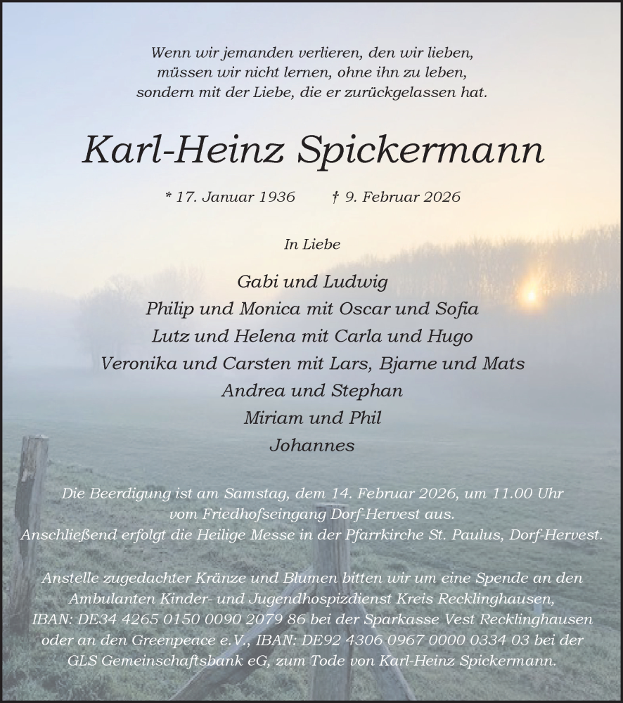  Traueranzeige für Karl-Heinz Spickermann vom 13.02.2026 aus Ruhr Nachrichten und Dorstener Zeitung