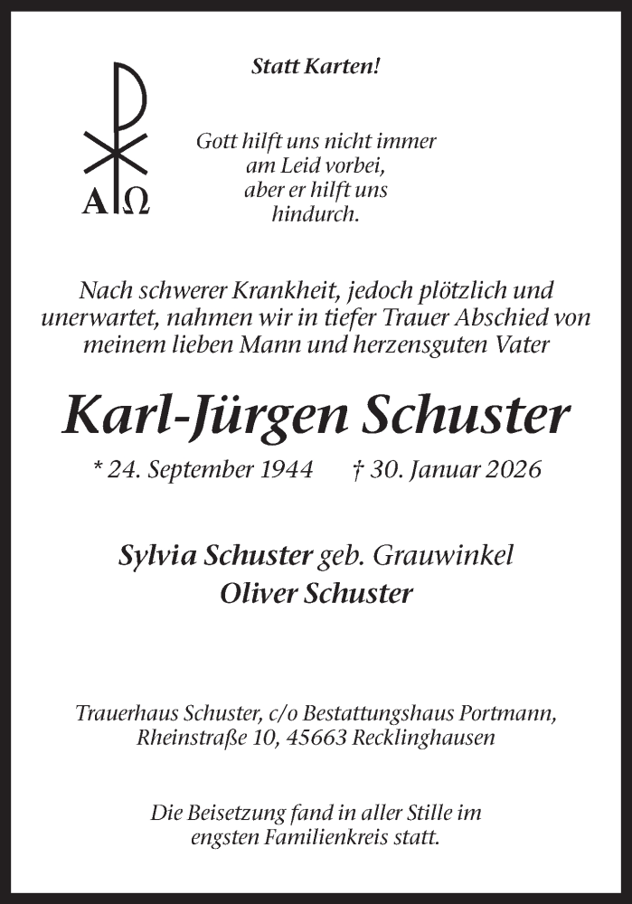  Traueranzeige für Karl-Jürgen Schuster vom 14.02.2026 aus Trauer Vest