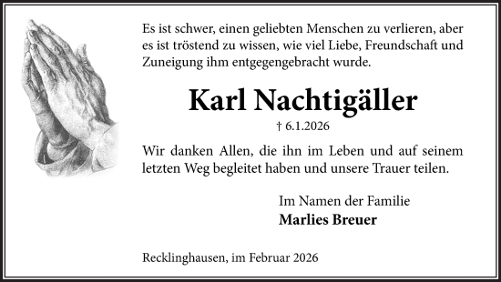 Traueranzeige von Karl Nachtigäller von Trauer Vest