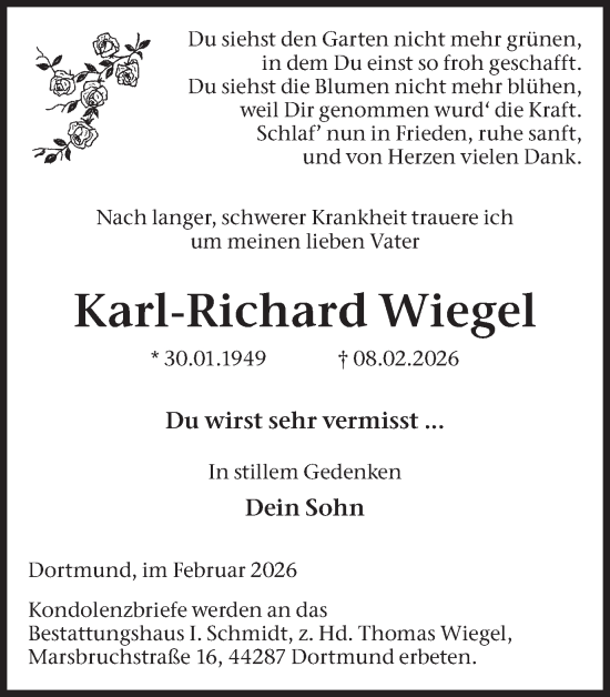 Traueranzeige von Karl-Richard Wiegel von Ruhr Nachrichten