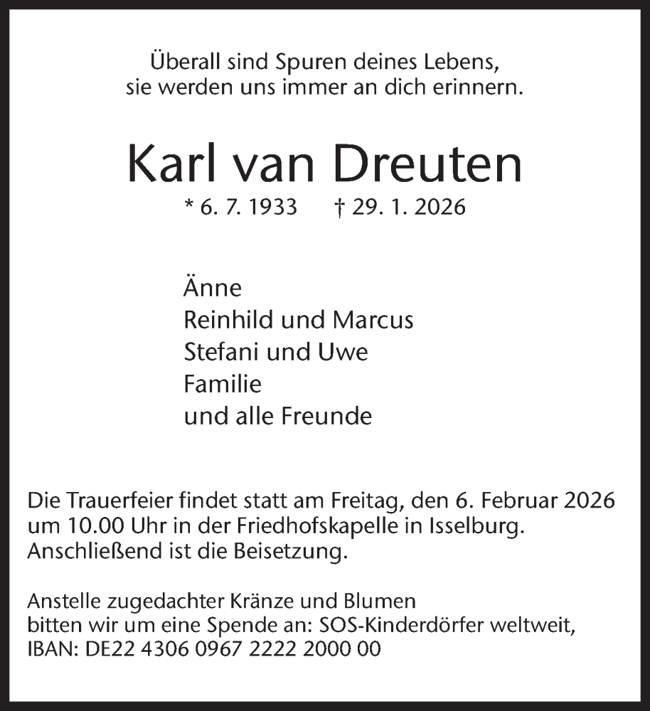  Traueranzeige für Karl van Dreuten vom 03.02.2026 aus 