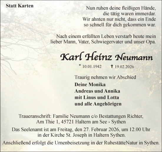 Traueranzeige von Karl Heinz Neumann von Ruhr Nachrichten und Halterner Zeitung
