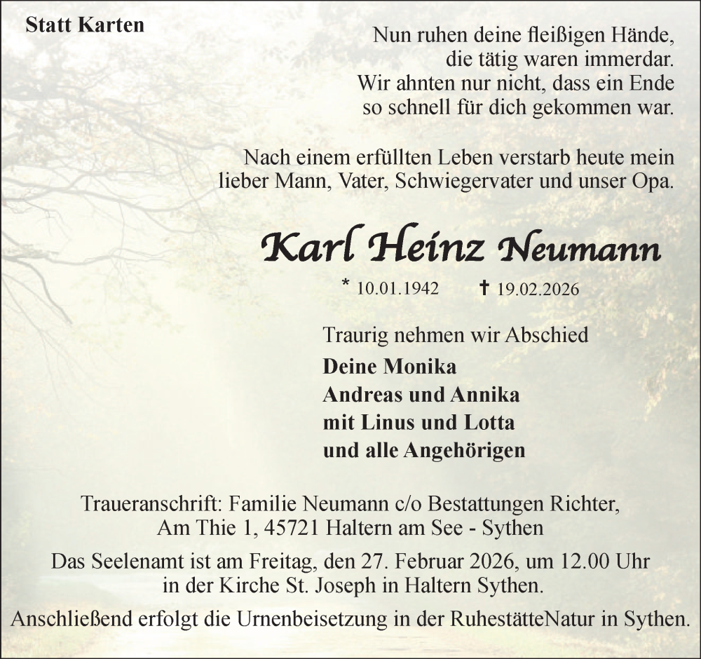  Traueranzeige für Karl Heinz Neumann vom 25.02.2026 aus Ruhr Nachrichten und Halterner Zeitung