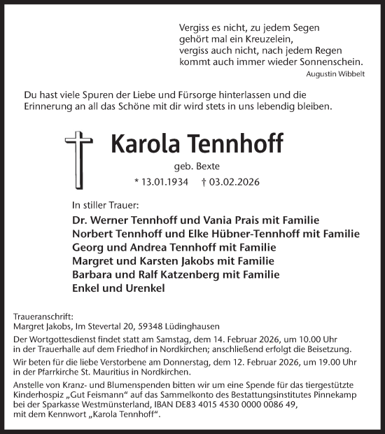 Traueranzeige von Karola Tennhoff von Ruhr Nachrichten