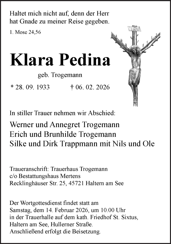Traueranzeige von Klara Pedina von Ruhr Nachrichten und Halterner Zeitung