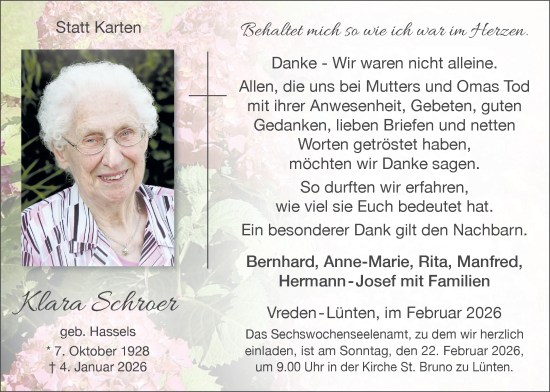 Traueranzeige von Klara Schroer von Münsterland Zeitung