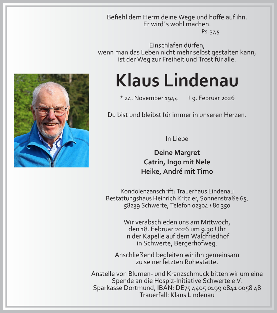  Traueranzeige für Klaus Lindenau vom 14.02.2026 aus Ruhr Nachrichten