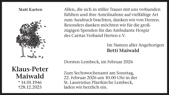Traueranzeige von Klaus-Peter Maiwald von Ruhr Nachrichten und Dorstener Zeitung, Trauer Vest